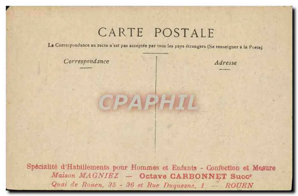 Frau in blauer Robe und violetter Ärmel — vor einer großen Uhr — Verlag Maison MAGNIEZ - Octave CARBONNET Succr, Rouen - Rückseite