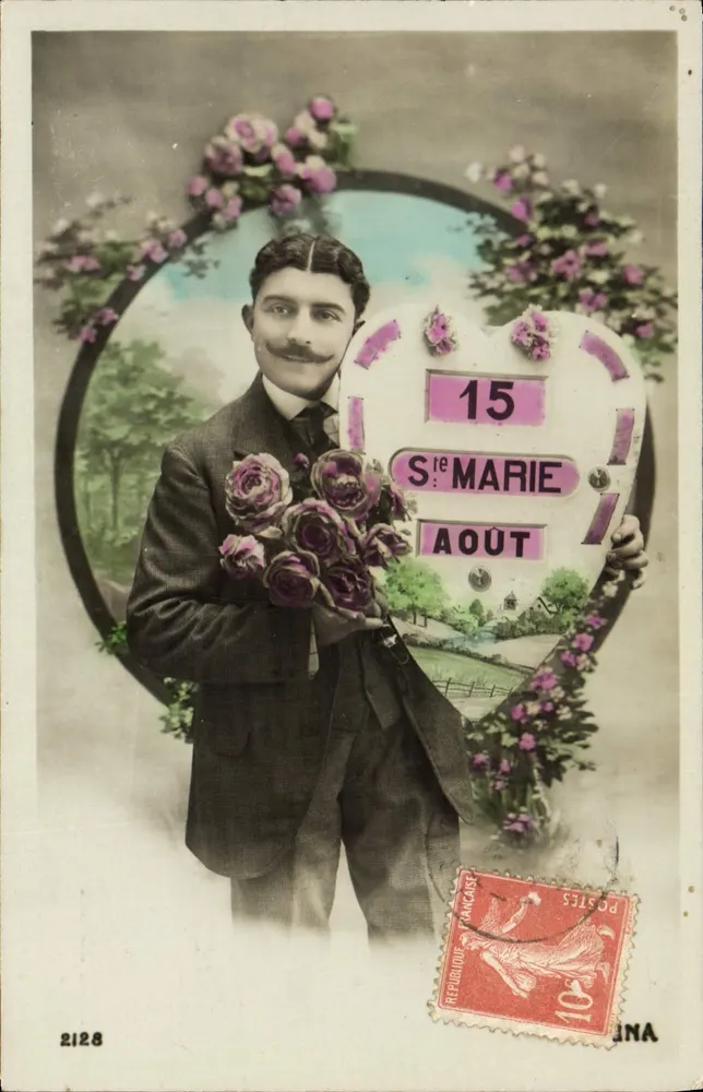 Mann mit Rosenstrauß — Sainte-Marie, 15. August — unbekannter Verleger, Nr. 2128 - Vorderseite