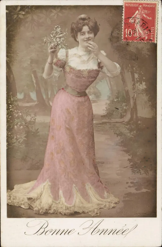 Frau in einem rosa Kleid mit Lorbeerzweigen — Frohe Neujahr — unbekannter Verlag, n° 494 - Vorderseite