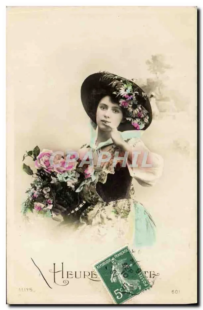 Junge Frau mit blühendem Hut, ein Blumenbukett haltend — Verbündete, Serie 601 — Heupe - Vorderseite