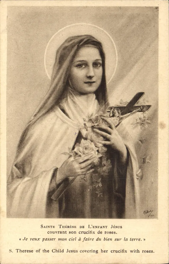 Heilige Thérèse vom Kindlein Jesus — ihr Kreuz mit Rosen bedeckt — Verlag Olbey, Nr. 701 - Vorderseite