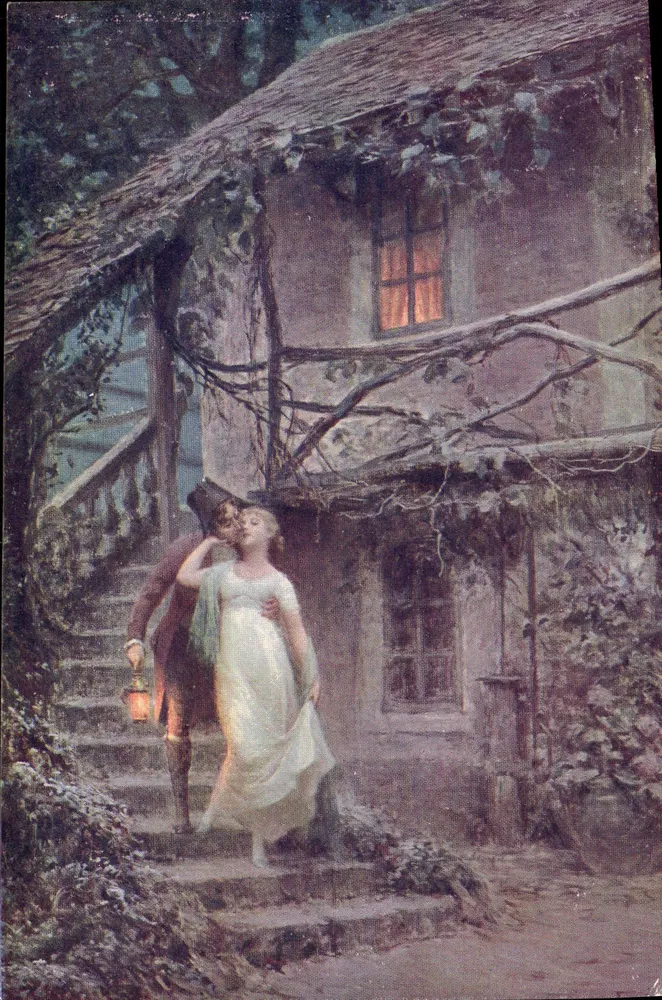 Ein Paar vor dem Eingang eines Hauses — romantische Szene — Luxochromie S.A.F. Nr. 113 - Vorderseite