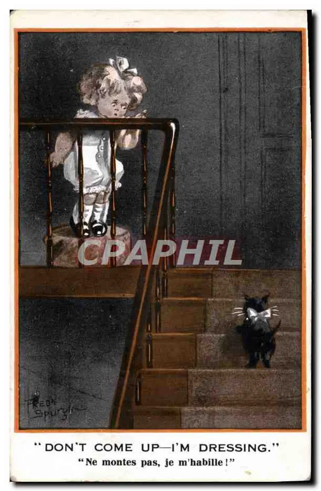 Kleine Mädchen auf einer Treppe — schwarzer Kater unten — bilingualer Text — Verlag Quaint Kiddies - Vorderseite