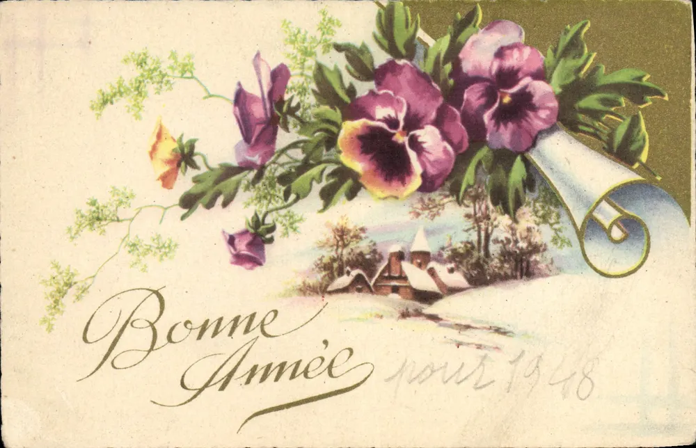 Flores e paisagem invernal — Boa Ano para 1948 — Impresso na França, Paris - Frente