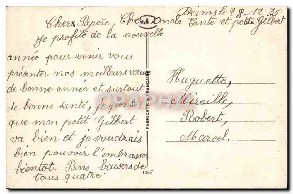 Winterlandschaft — schneebedecktes Haus unter violettem Himmel — Text 'Bonne Année' — Verlag nicht sichtbar - Rückseite
