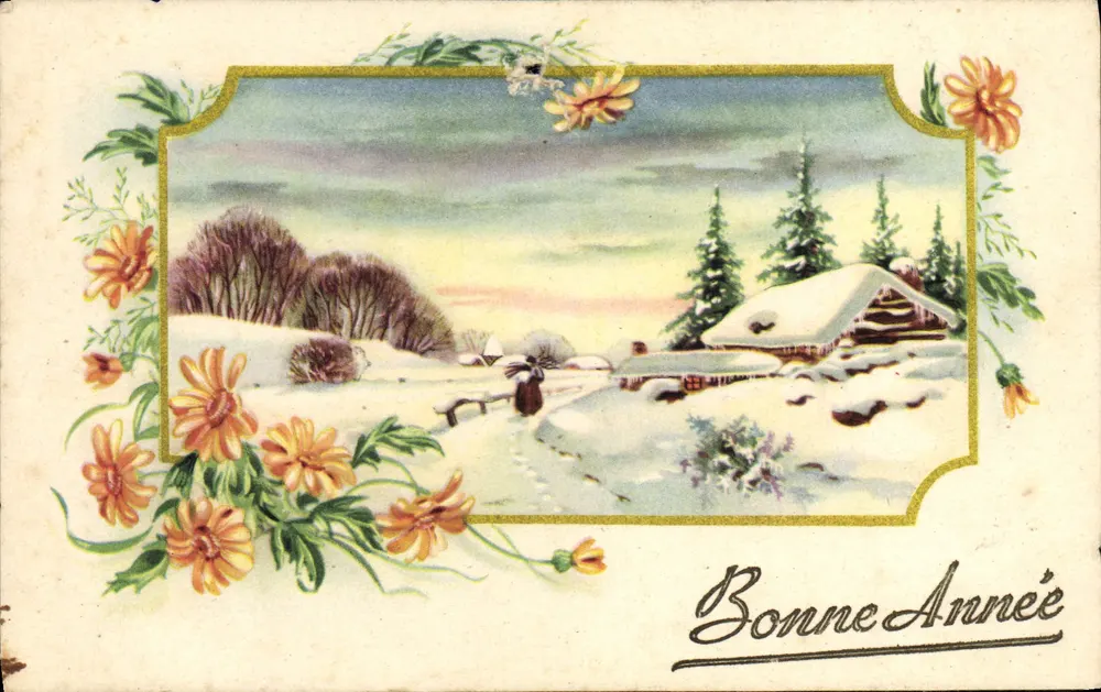 Paesaggio invernale — casa innevata — Buon Anno - Recto