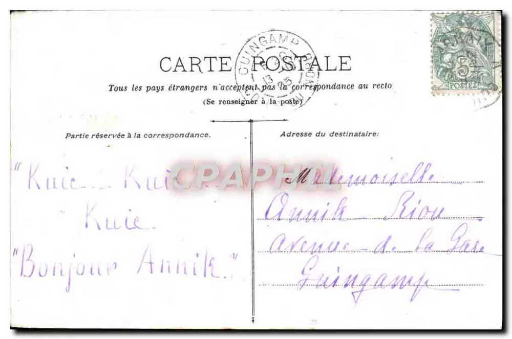 Pássaros em um ninho — rosas e folhagem — editor Guingamp, número de série não visível - Verso