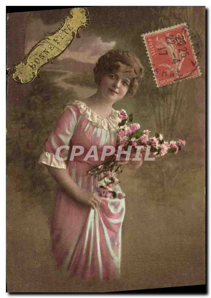Junge Frau in rosa und weißem Kleid — Blütenstrauß haltend — Verlag REX, Paris - Vorderseite