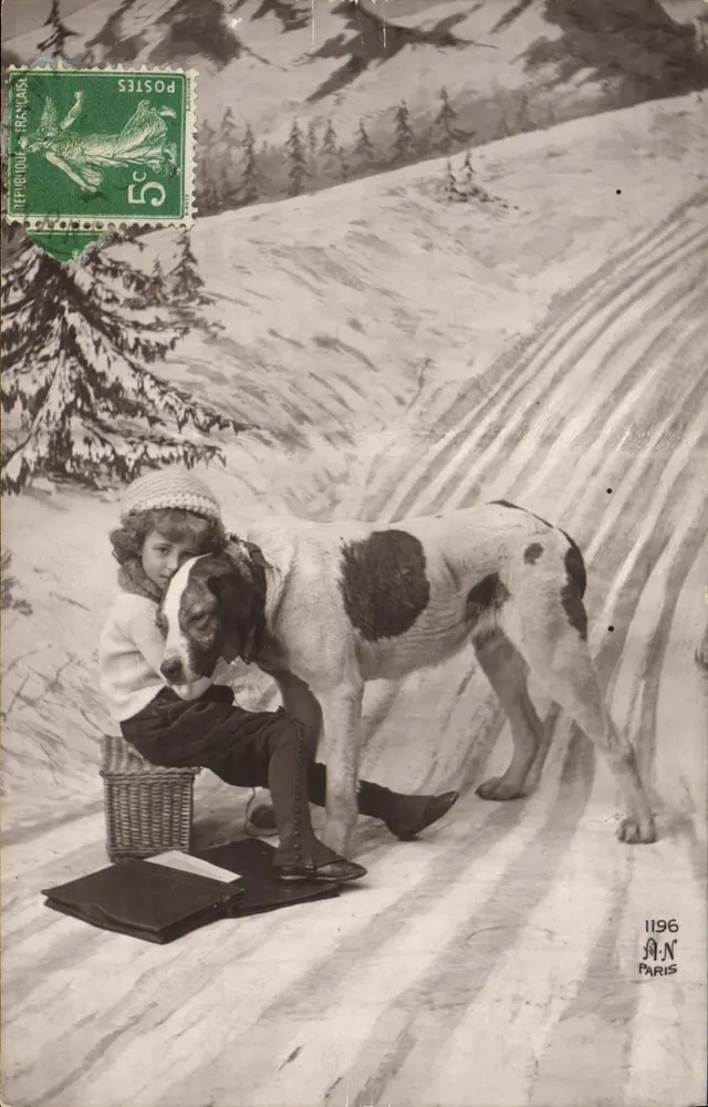 Kind und Hund in einer schneebedeckten Berglandschaft — A.N. Paris, n° 1196 - Vorderseite