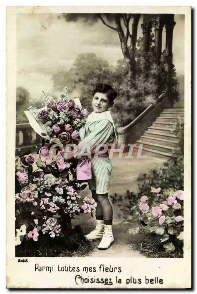 Criança com buquê de rosas — 'Entre todas minhas flores, escolha a mais bela' — n°2185 - Frente