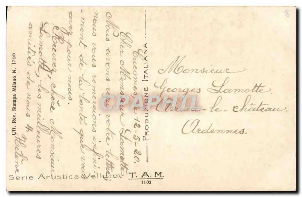 गुलाब — फूल और बटन — अधिकृत रिविस्टा स्टैम्पा मिलानो नंबर 1735, टी.ए.एम. 1102 - पीछे