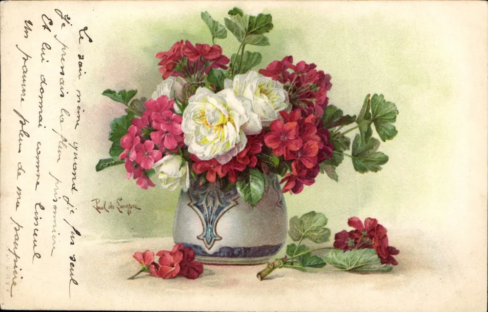 Buquê de gerânios e rosas — Paul de Sanguin — editor não visível - Frente