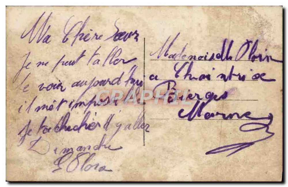 Junge Frau in Rüschenkleid — Landschaft mit Brücke — 10c roter französischer Stempel - Rückseite