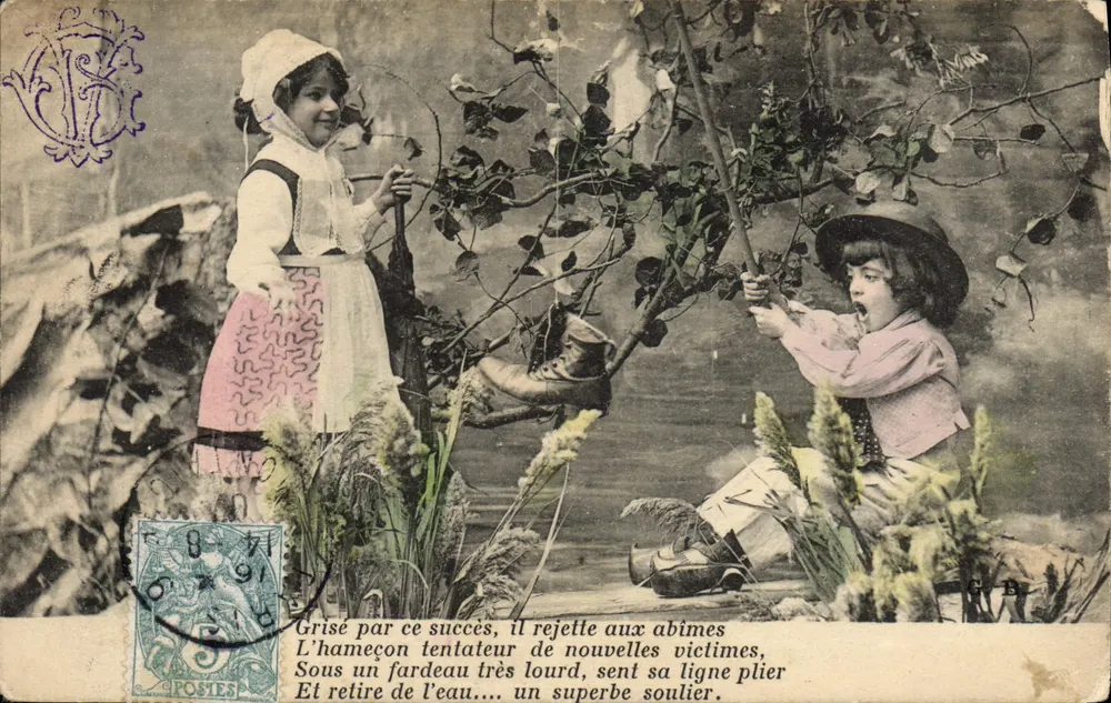 Enfants pêchant à la ligne — scène de rivière — éditeur G.B. (imprimé en bas à droite) - Vorderseite