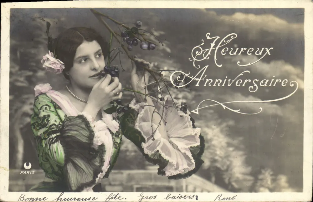 Frau mit Kirschen — Geburtstag — Paris, unbekannter Verlag - Vorderseite