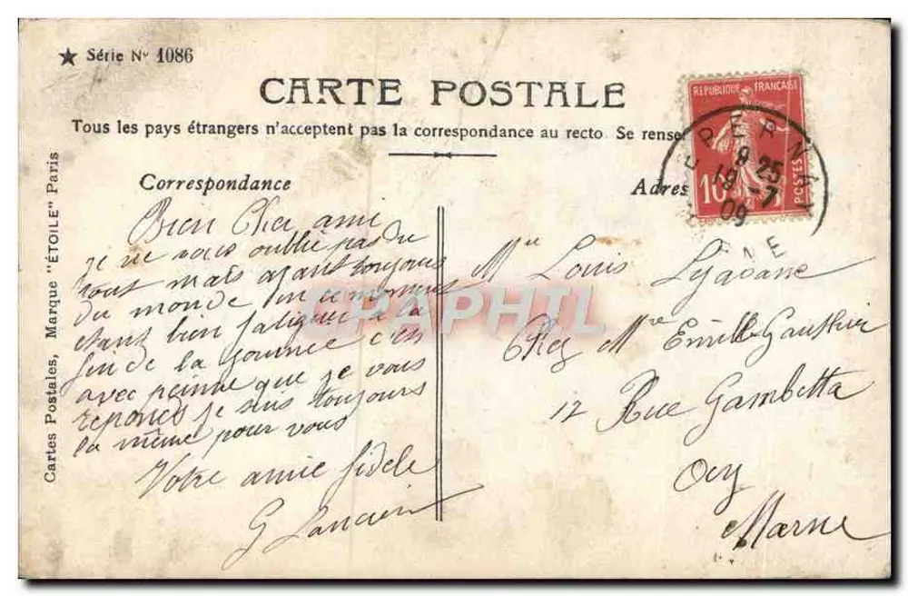 Jeune femme en robe de paysanne — avec panier de raisins et grappes dans les cheveux — éditée par Cartes Postales 'ÉTOILE' n° 1086 - Rückseite