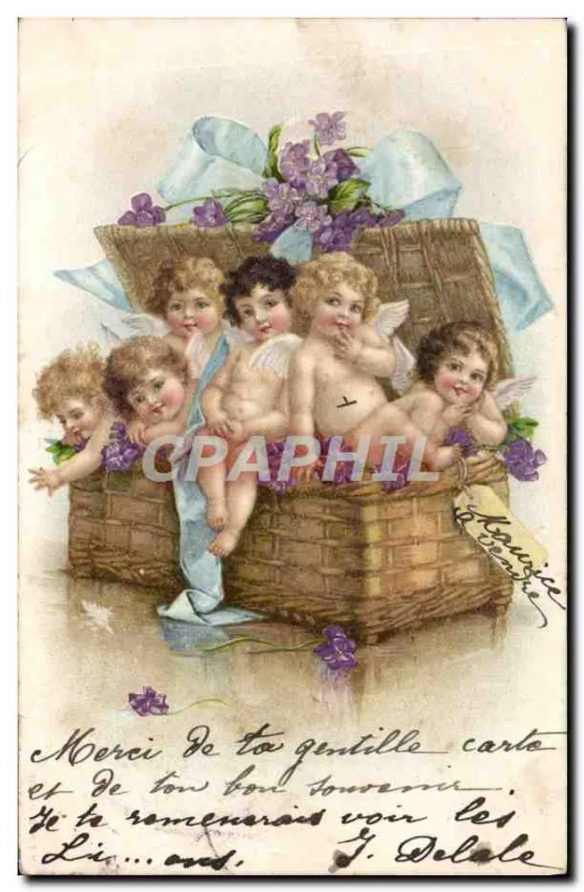 Cupido's in een mandje — viooltjes en blauwe lint — uitgever Delale, serie-nummer niet zichtbaar - Voorkant