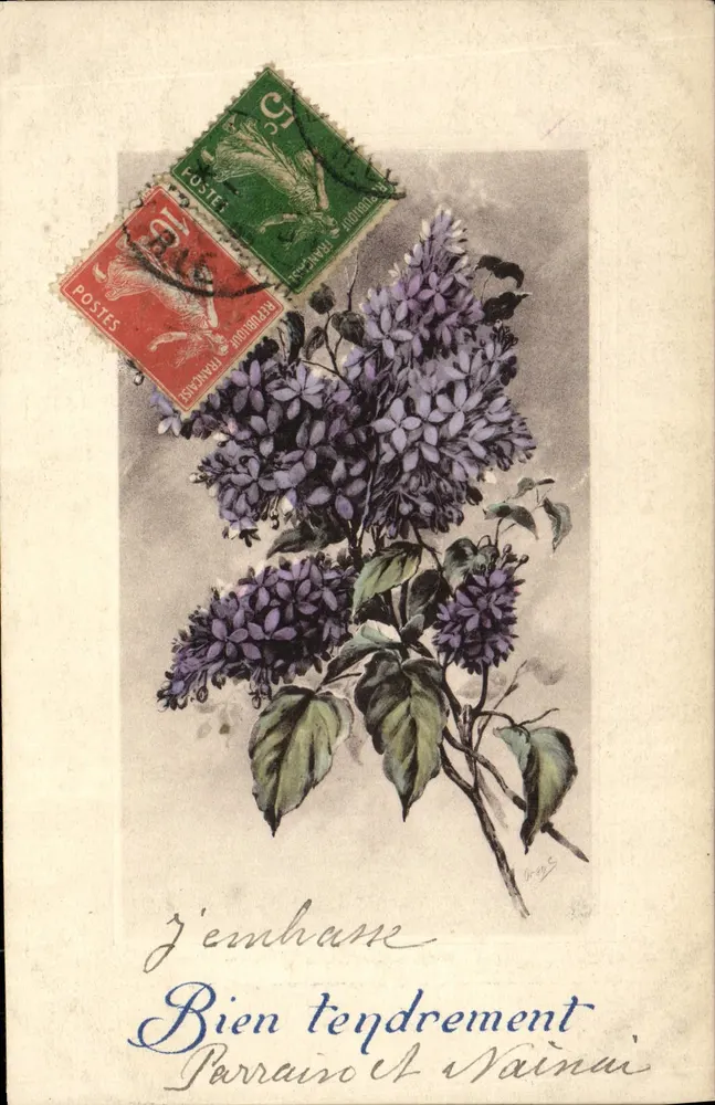 Lilás — carte postale com selos franceses — editor não identificado - Frente