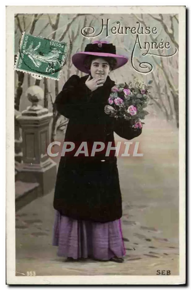 Frau in schwarzer Jacke und violettem Hut — 'Glückliches Neues Jahr' — SEB n°953 - Vorderseite