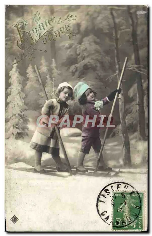 Zwei Kinder beim Skifahren — Verlag 'Brihme année' — Listeren - Vorderseite