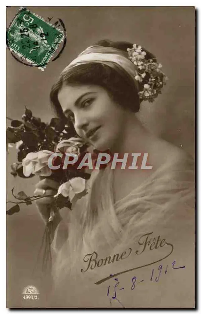 Junge Frau mit Rosen — Bonne Fête — A. Riant, Paris, Nr. 4993/2 - Vorderseite