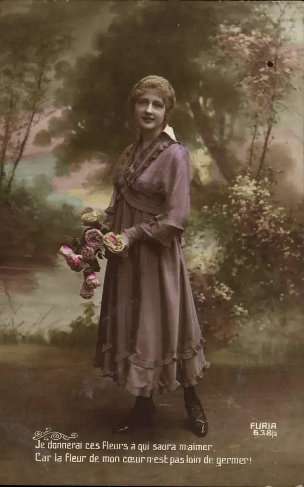 Frau in einem violetten Kleid mit Rosen — poetischer Text — Furia 638/3 - Vorderseite