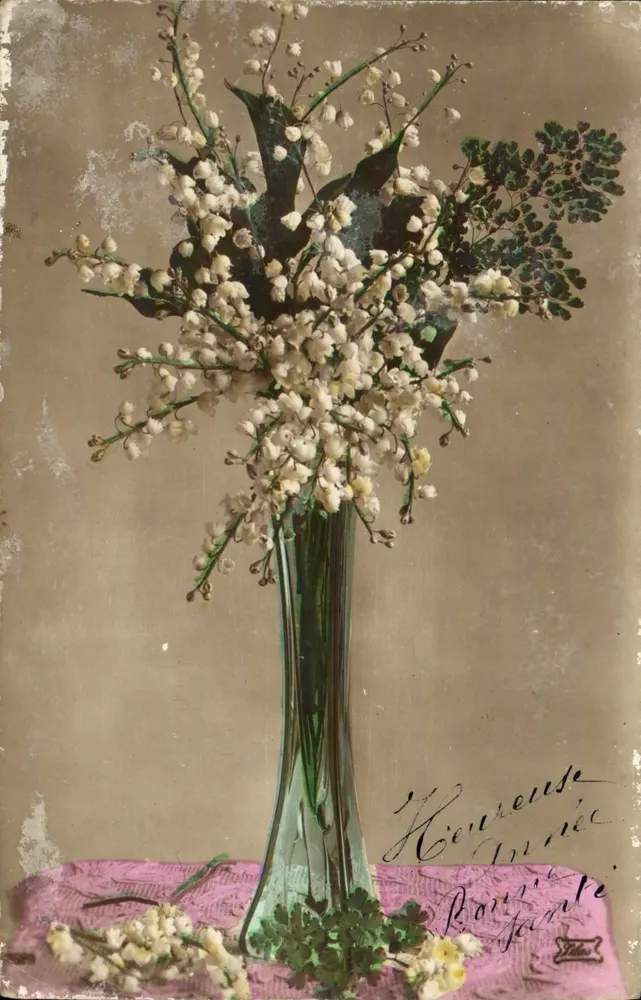 Bouquet de muguet — dans un vase vert sur fond rose — éditeur non visible - Frente