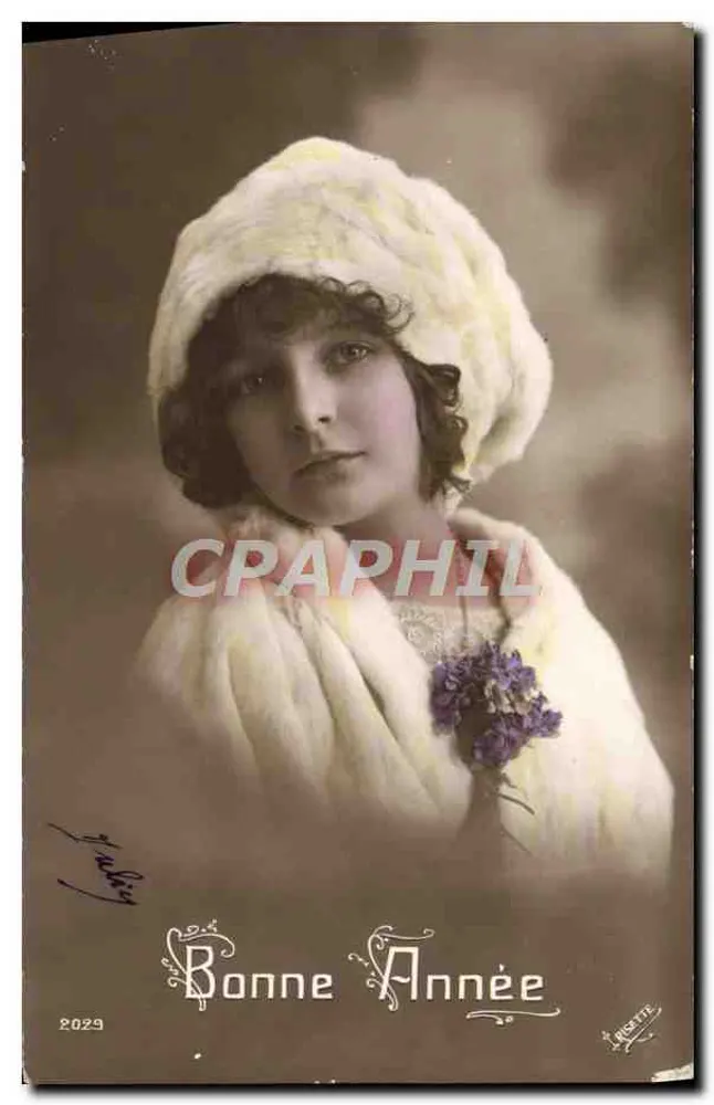 Junge Frau mit Hut und Pelz — Frohe Neujahr 1929 — La MIGETTE, n°2029 - Vorderseite