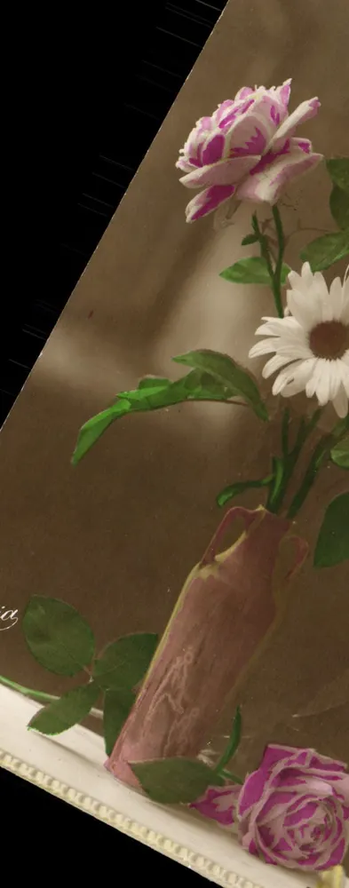 Flores em um vaso — Rosa e margarida — Carta postal datada 21 de março de 1918 - Frente