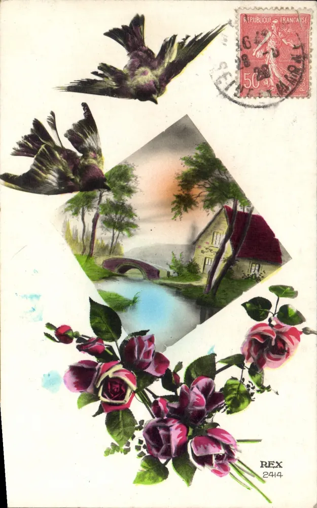 Aves e rosas — paisagem rural em losango — REX 2414 - Frente