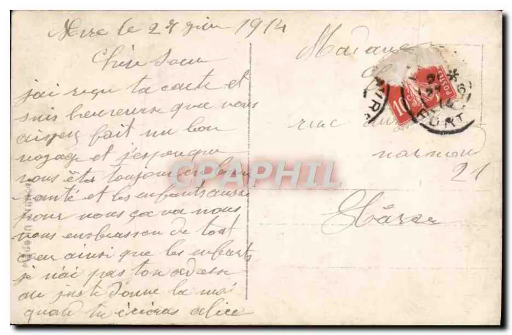 Frau in Kleid mit Mustern — mit Blumenstrauß und Blumenarrangement — Ansichtskarte vom 24. Juni 1914 - Rückseite