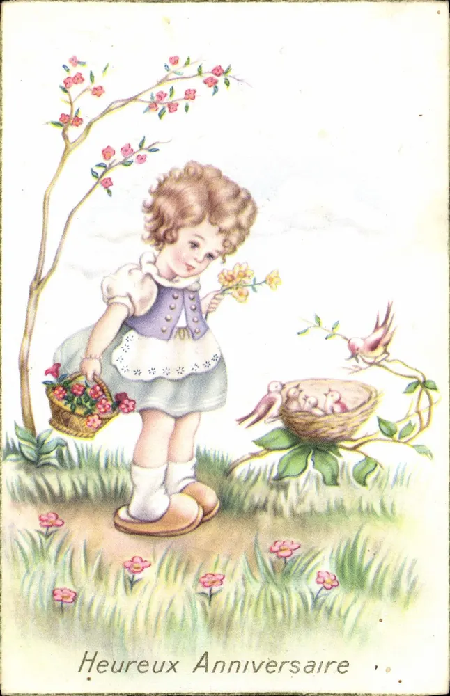 Menina com cesto de flores e ninho de pássaros — Feliz Aniversário — Éditions Univers, N° 475 - Frente