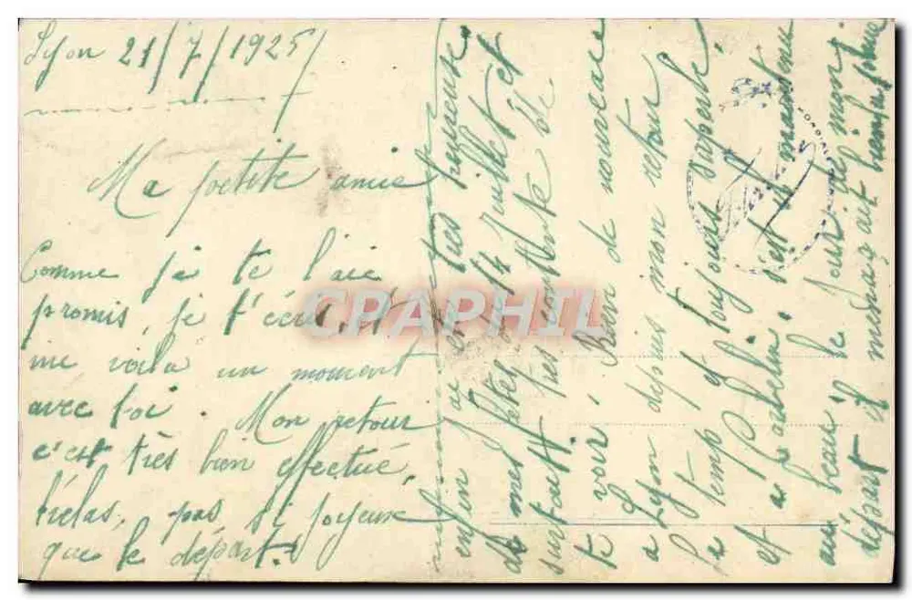 Frau, die durch ein Fenster Vögel beobachtet — Lyon, 21.07.1925 — Verlag nicht sichtbar - Rückseite