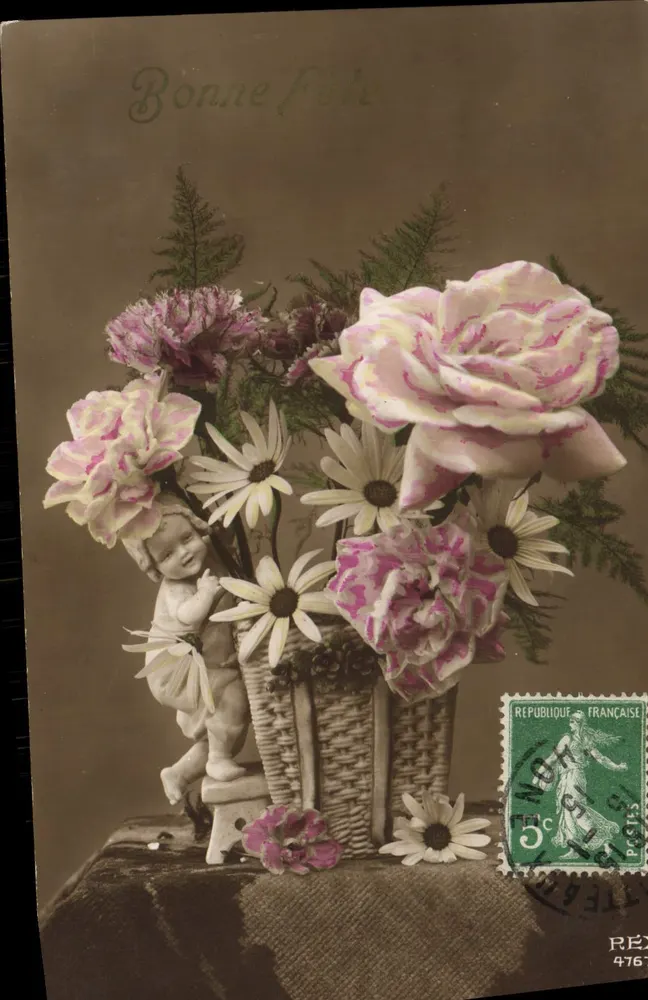 Buquê de flores e anjo — Boa Festa — Editor não identificado - Frente