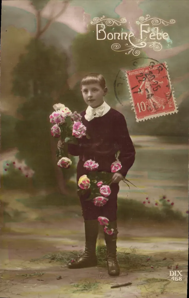 Criança com buquê de rosas — Boa Festa — Editor DIX n°468 - Frente