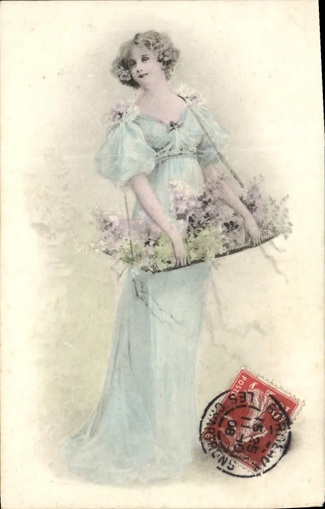 Frau in blauer Kleidung mit Blumenkorb — Serie 'Blumenpoesien' — A.S. V. - Vorderseite