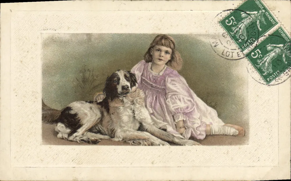 Mädchen und Hund — Szene der Zärtlichkeit — Verlag nicht sichtbar - Vorderseite
