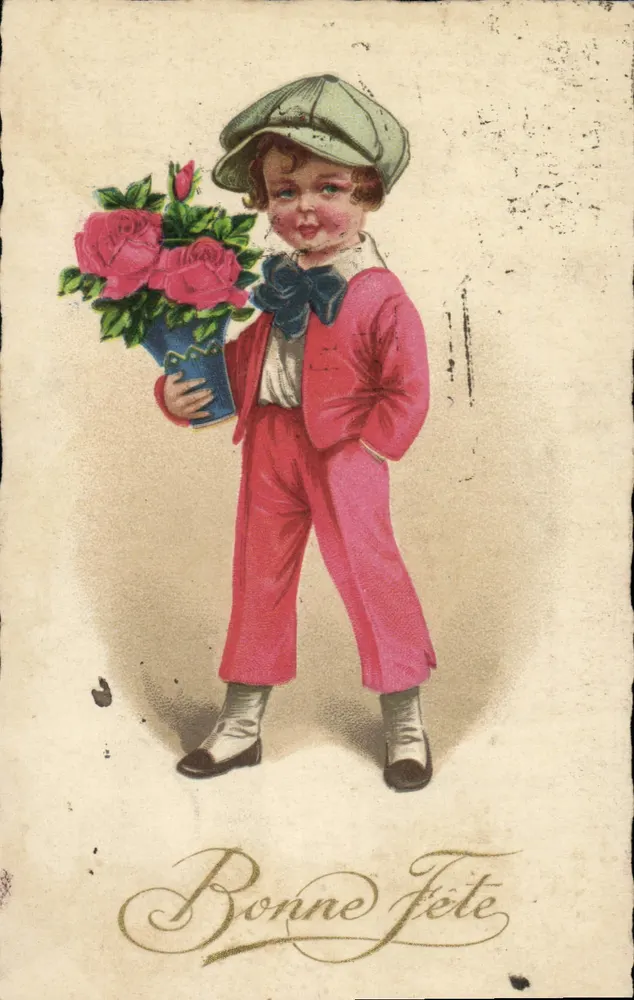 Criança vestindo traje rosa segurando um buquê de rosas — Feliz Aniversário — editor desconhecido, número de série não visível - Frente