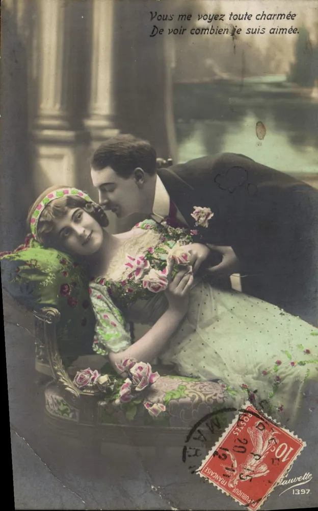 Couple amoureux — scène de tendresse avec roses — éditeur Dauvettet, n°1397 - Vorderseite