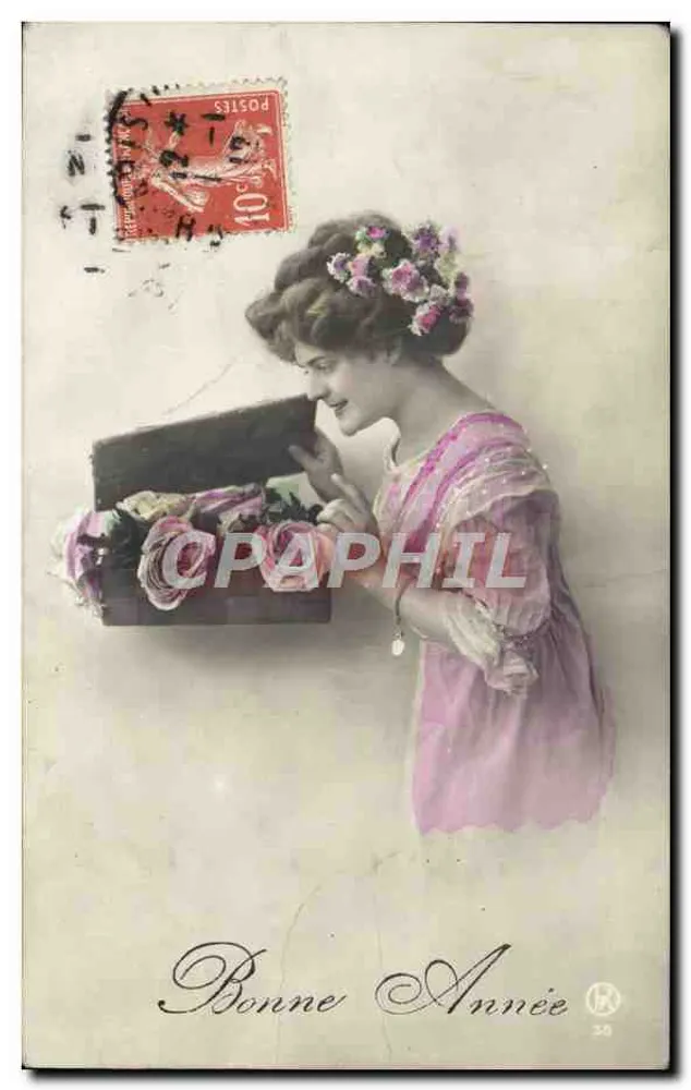 Frau mit Blumenkiste — Frohes Neues Jahr — Verlag R. Nr. 20 - Vorderseite