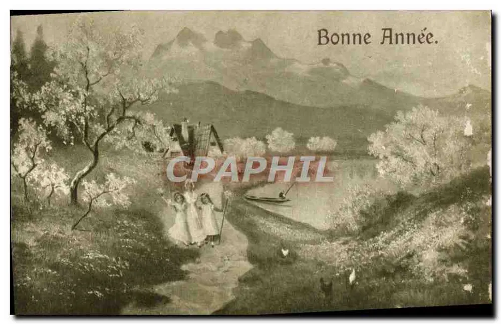 Scène de montagne avec enfants — vue de lac et chalet — éditeur non visible - Vorderseite