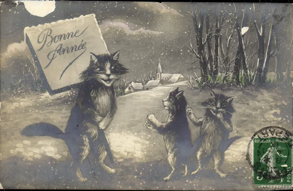Três gatos na neve — Boa Ano — Editor não visível - Frente