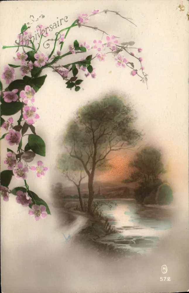 Aniversário — decoração de flores rosas e paisagem fluvial — editor M, n° 572 - Frente