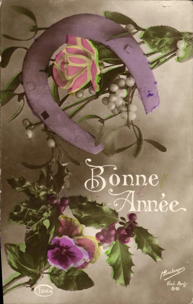 Gutes Neues Jahr — Hufeisen, Rose und Efeu — M. Boulanger, Visé, Paris, 86 - Vorderseite