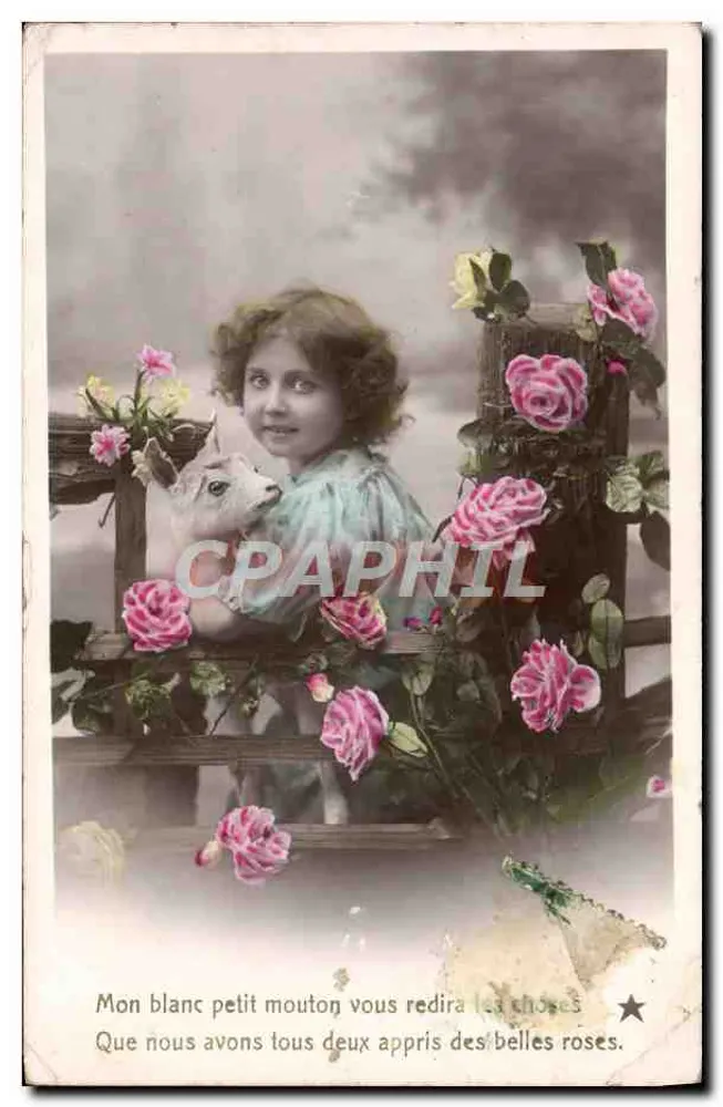 Petite fille et agneau entourés de roses — éditeur VBC Série N. 3532 - Recto