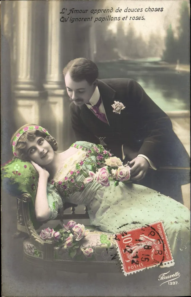 Liebe und Rosen — romantische Szene — Fauvetté, n°1397 - Vorderseite