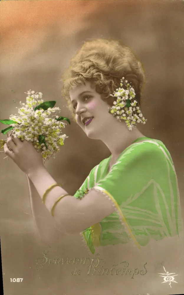 Frau in grünem Kleid mit Blumen — Souvenirs de Printemps — Verlag CP, Nr. 1087 - Vorderseite