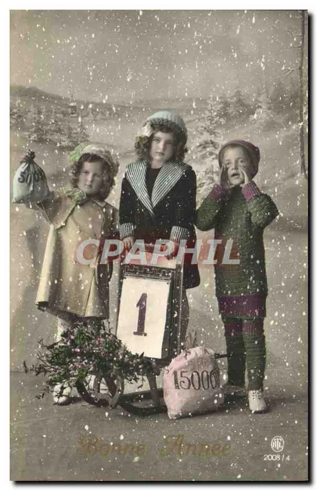 Três crianças nevadas — cena de Natal com sacos de dinheiro e número 1 — edição CPHIL 2008/4 - Frente