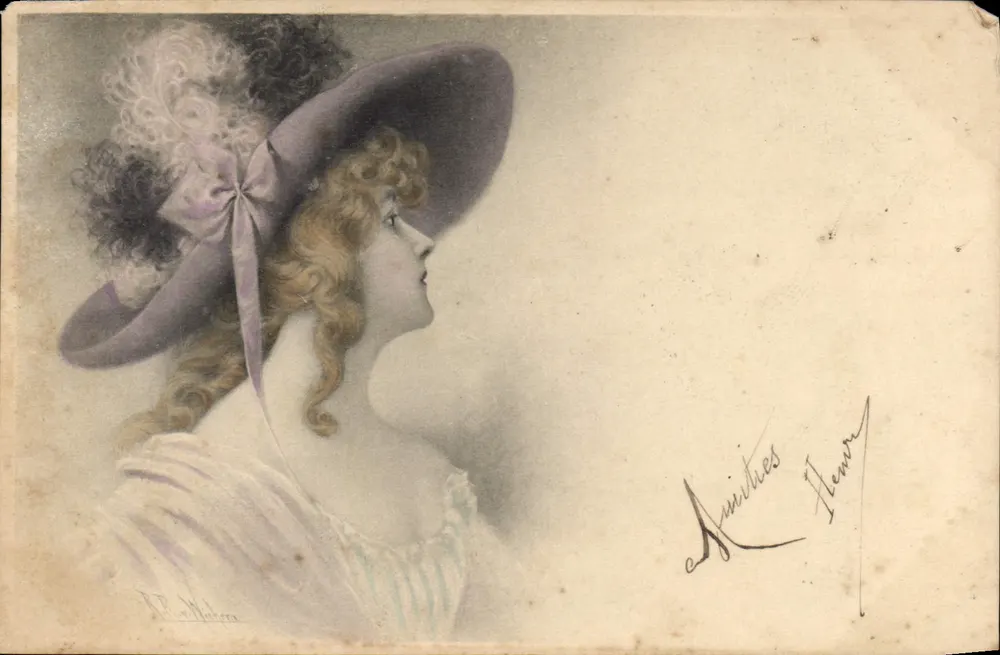 Junge Frau in einem violetten Hut — signiert von Minuities Flémer — Verlag M. M. Vienne, n° 112 - Vorderseite