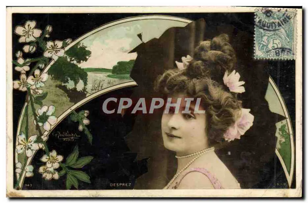 Junge Frau mit Blumen — Blumendekor und Landschaft — Verlag Desprez, Nr. 343 - Vorderseite